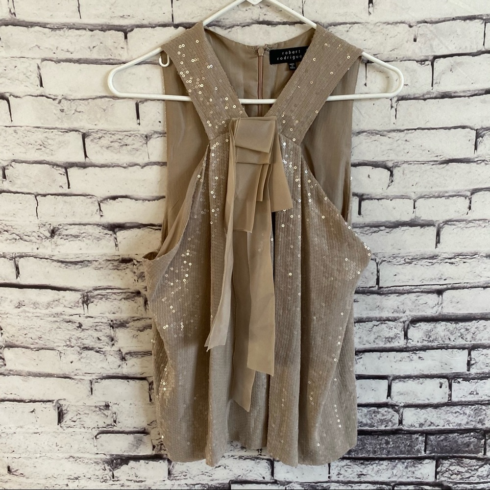 Robert Rodriguez Silk Sequin Taupe Bow Blouse SZ 6